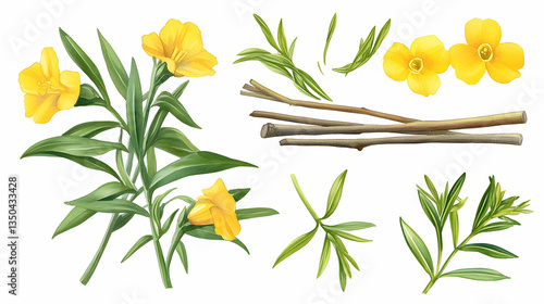Yellow flowers, stems, and leaves isolated on white; botanical illustration for design