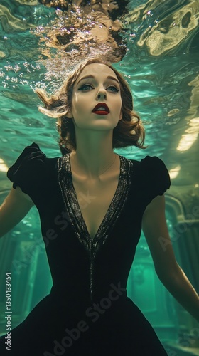 Captivating image of a woman in a striking black gown floating underwater her reflection creating a mesmerizing and surreal atmosphere  The dark moody tones and elegant