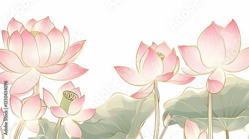 Pink lotus flowers, leaves, pond, serene background, Asian art, nature illustration, website header
