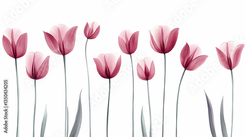 Pink tulips blooming in a garden, spring floral arrangement, white background, for greeting cards
