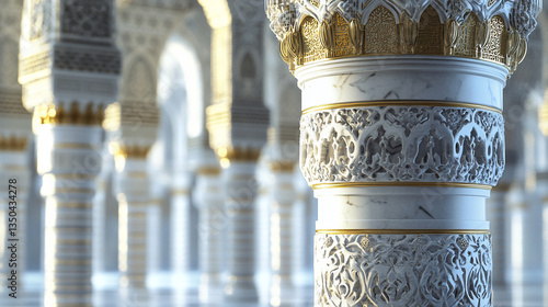 Ornate White Marble Column with Quranic Calligraphy and Golden Arabesques — Islamic Architectural Masterpiece