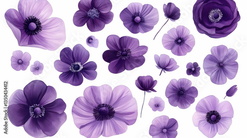 Purple anemone flowers collection; isolated on white; floral design; perfect for spring cards