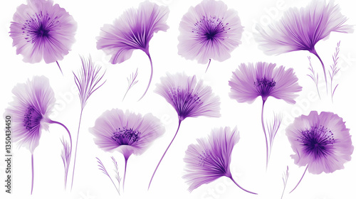 Purple floral design elements, isolated on white, for various design projects