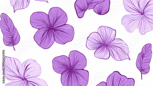 Purple floral pattern, scattered leaves, white background, design element for textile or wallpaper