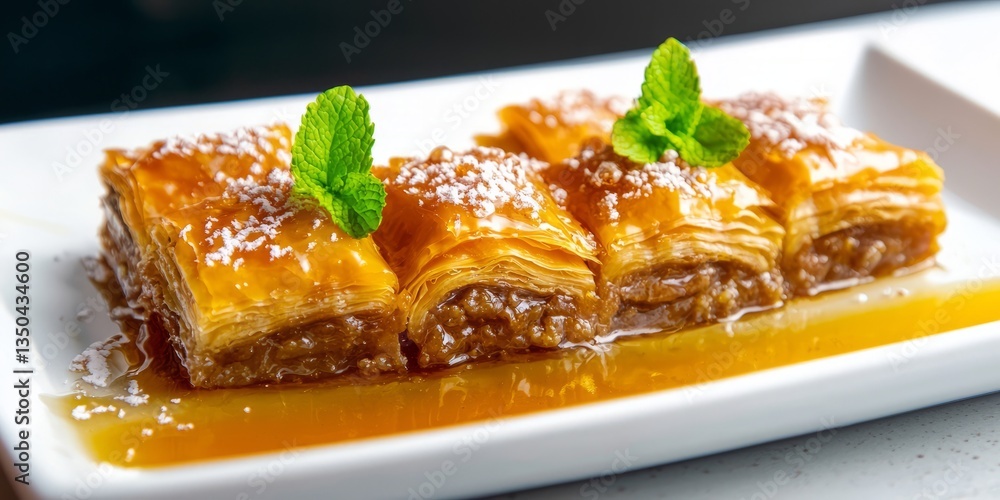 Fototapeta premium Delicious Baklava with Honey Syrup and Mint Garnish on Plate