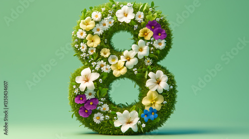 Floral Grass Number Eight with Colorful Flowers on Green Background