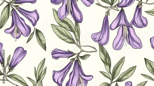 Purple flowers seamless pattern, botanical illustration, white background, textile design