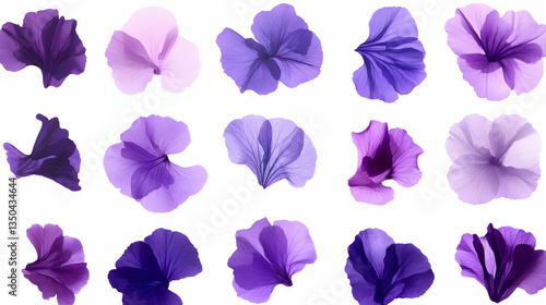 Purple flowers, various angles, white background, botanical illustration, design element