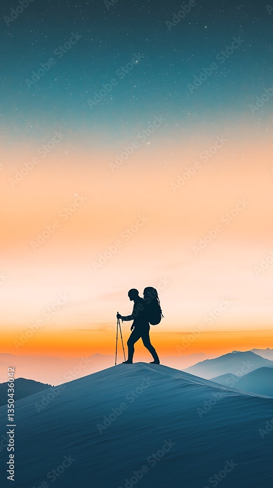 Fototapeta premium Hiker Silhouette at Sunset for Mountain Peak.