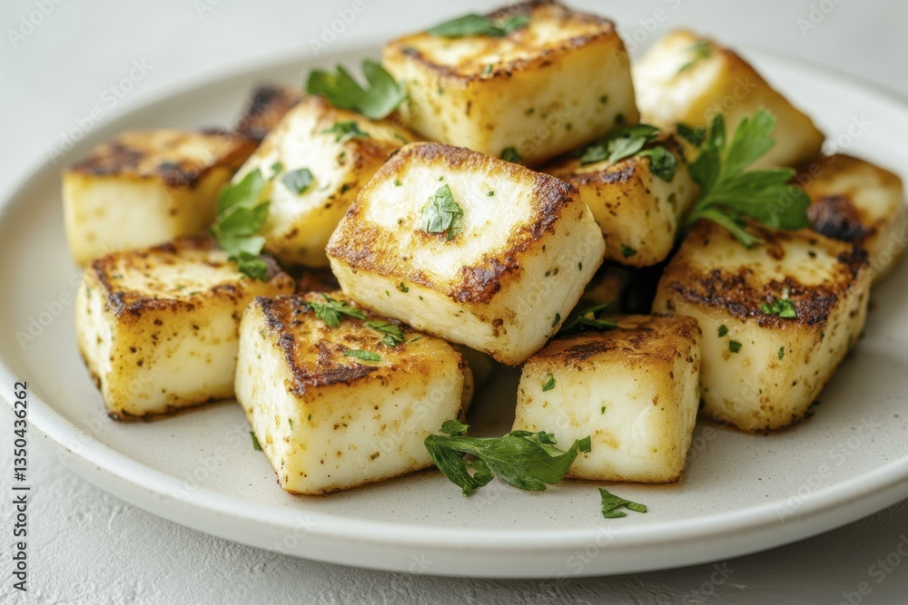 Pan-Fried Halloumi Cheese Cubes Stacked on Plate with Herbs, Golden-Brown Crust, Vegetarian Mediterranean Cuisine Pan-Fried Halloumi Cheese Cubes Stacked on Plate with Herbs, Golden-Brown Crust, Vegetarian Mediterranean Cuisine