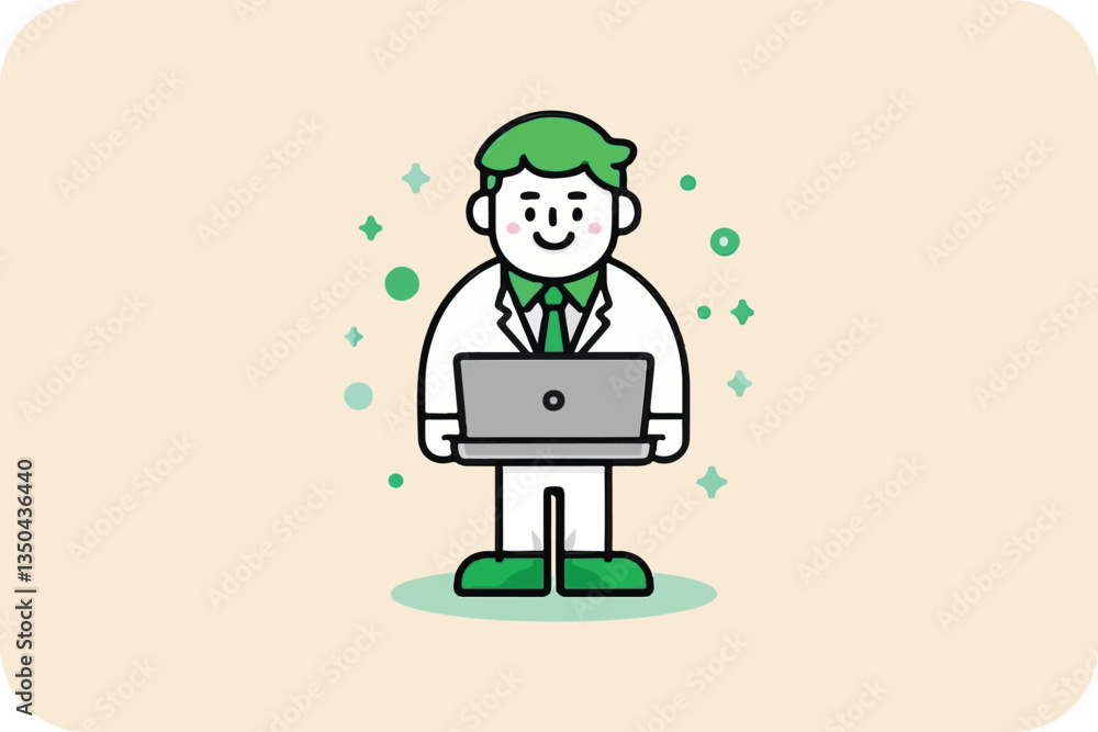 Cartoon Business Character in Green Suit Working on Laptop Amid Vibrant Green Themed Background Elements Cartoon Business Character in Green Suit Working on Laptop Amid Vibrant Green Themed Background Elements