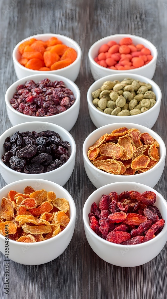 Assortment of Dried Fruits in White Bowls- Apricots, Cranberries, Goji Berries, Raisins Assortment of Dried Fruits in White Bowls- Apricots, Cranberries, Goji Berries, Raisins