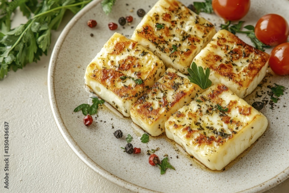Grilled halloumi cheese appetizer with cherry tomatoes, herbs, and pepper served on plate. Culinary delight. Grilled halloumi cheese appetizer with cherry tomatoes, herbs, and pepper served on plate. Culinary delight.