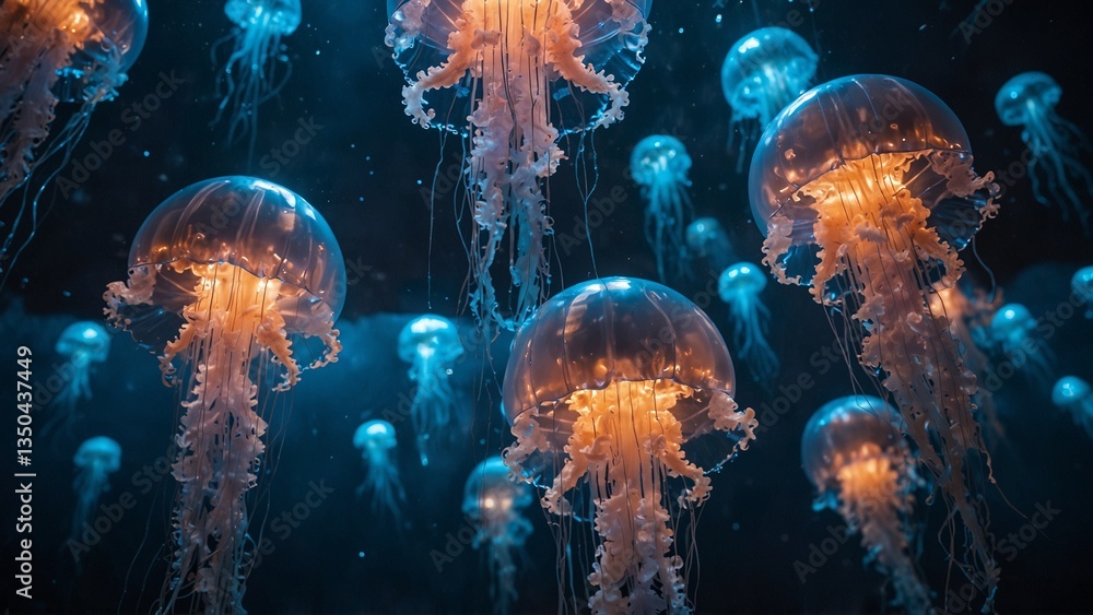 Naklejka premium A floating jellyfish cathedral, its translucent domes illuminated by ethereal blue light.