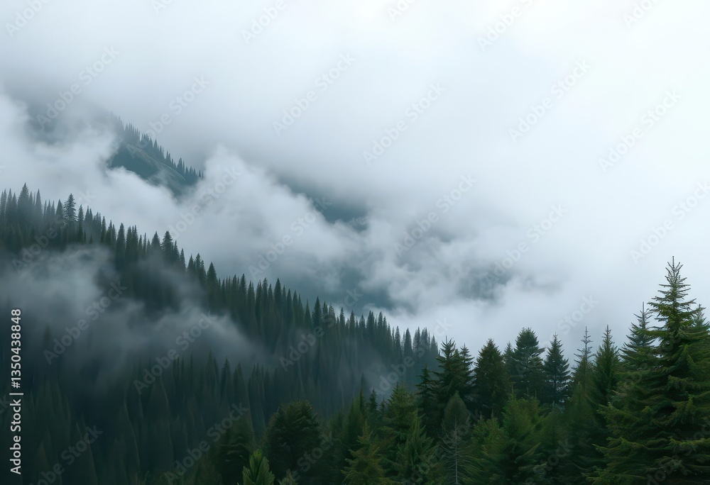Fototapeta premium Misty fir-clad mountains shrouded in swirling fog, mountain, dark