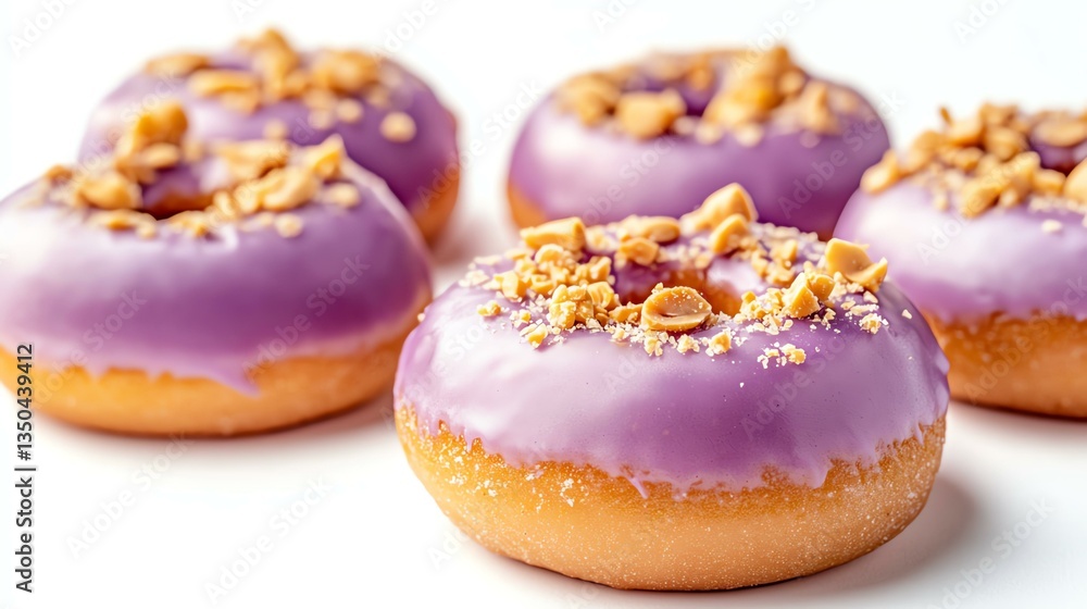 Delicious purple frosted donuts with toppings. Delicious purple frosted donuts with toppings.