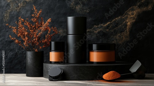 Wallpaper Mural Elegant black cosmetic product display with plant and powder for wellness promotion Torontodigital.ca