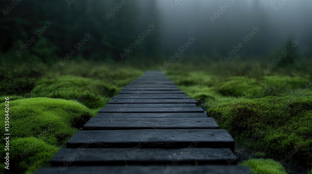 Misty boardwalk path through lush forest Misty boardwalk path through lush forest