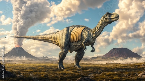 Fototapeta Naklejka Na Ścianę i Meble -  Majestic Hesperosaurus standing proudly open field back plates illuminated the morning sun Distant volcanoes send plumes of smoke into the sky framing the prehistoric landscape with an ancient mystery