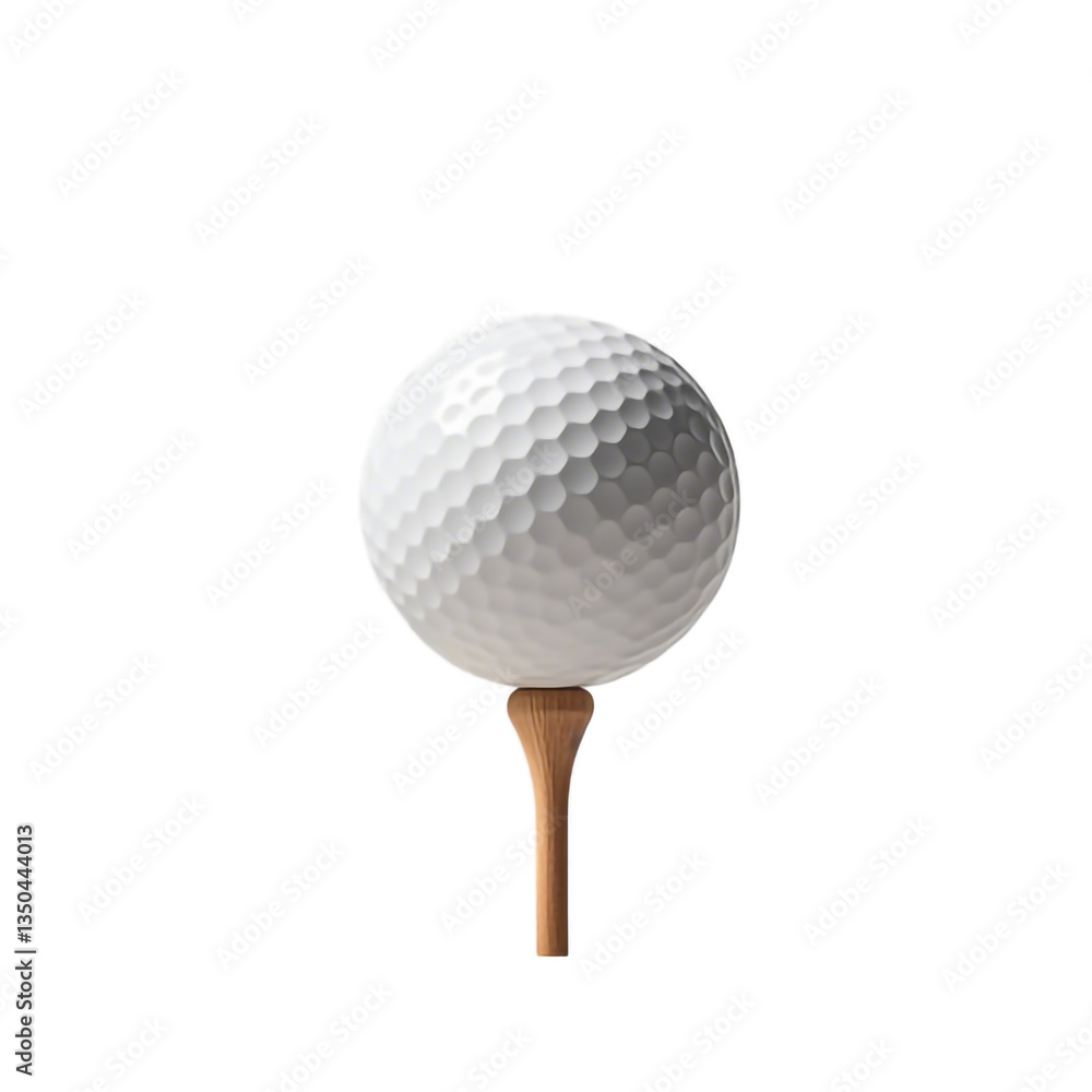 A white golf ball sits atop a light brown wooden golf tee on a white or transparent background. A white golf ball sits atop a light brown wooden golf tee on a white or transparent background.