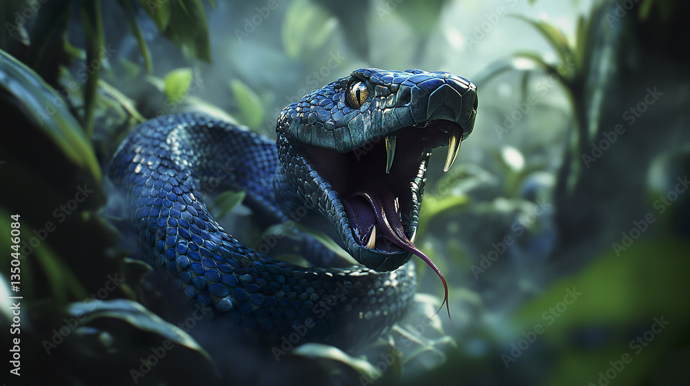 Naklejka premium coiled blue viper with open mouth in jungle setting