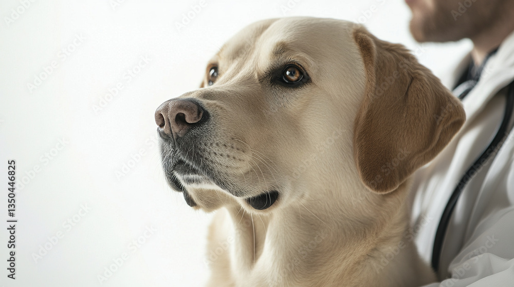 guide dog sits attentively beside person in white coat guide dog sits attentively beside person in white coat