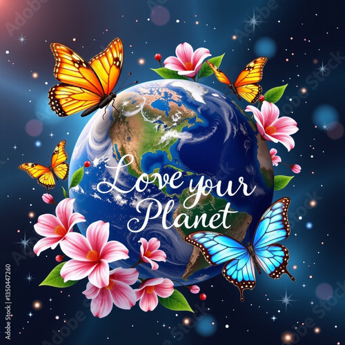 Earth with Butterflies and Flowers
