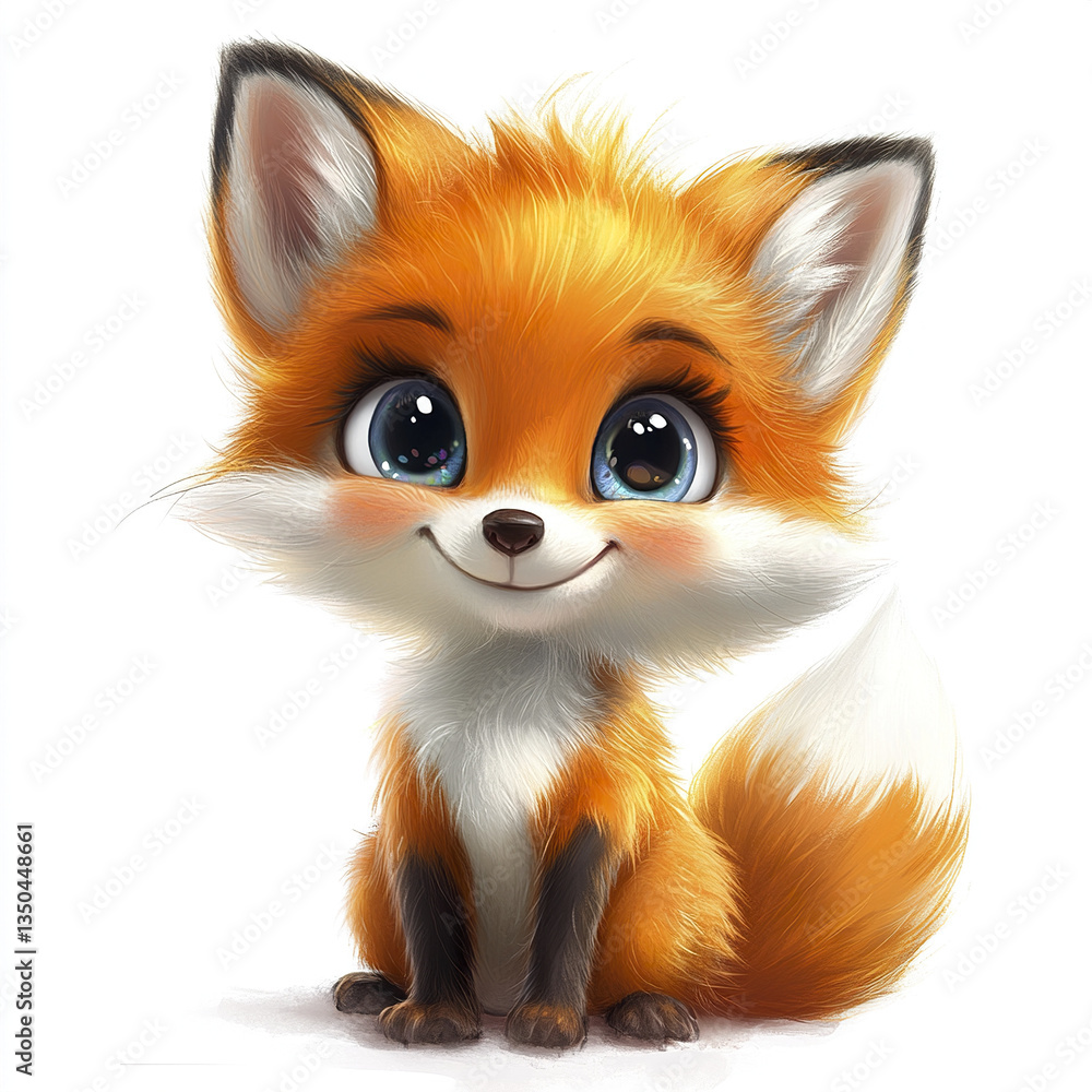 Cute cartoon fox cub with fluffy tail and big sparkling eyes Cute cartoon fox cub with fluffy tail and big sparkling eyes