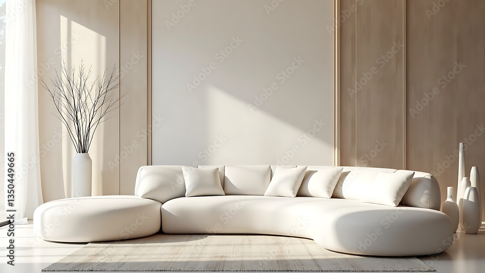 Fototapeta premium Modern Living Room with Curved White Sofa and Sculptural Decor in Calming Neutral Colors