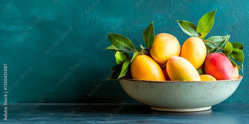 Fresh Mangoes in Bowl with Green Leaves on Textured Background Fresh Mangoes in Bowl with Green Leaves on Textured Background
