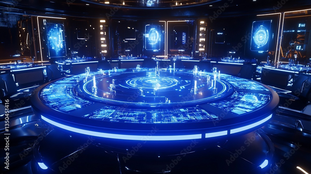 Futuristic Command Center with Glowing Blue Technology and Circular Table Setup Futuristic Command Center with Glowing Blue Technology and Circular Table Setup
