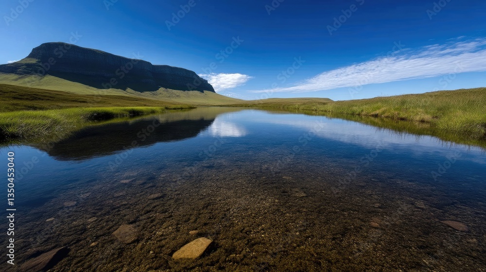 Serene mountain lake reflecting a dramatic sky. Crystal-clear water mirrors the rugged peak and clouds. A tranquil landscape Serene mountain lake reflecting a dramatic sky. Crystal-clear water mirrors the rugged peak and clouds. A tranquil landscape
