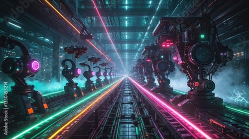 Obraz na płótnie Futuristic robots and drones are working synchronously in an automated factory illuminated by neon lights, creating a mesmerizing scene of advanced technology and industrial automation w salonie