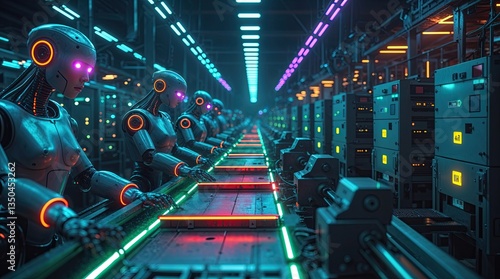 Obraz na płótnie Androids with glowing eyes working on an illuminated assembly line in a dark futuristic factory, surrounded by neon lights and advanced control panels. Issue of human jobs being replaced w salonie