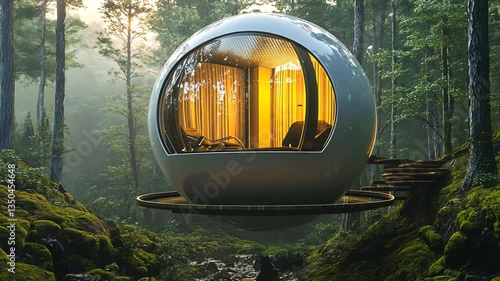 Wallpaper Mural Modern spherical treehouse suspended in a lush forest, illuminated by warm light at dusk Torontodigital.ca