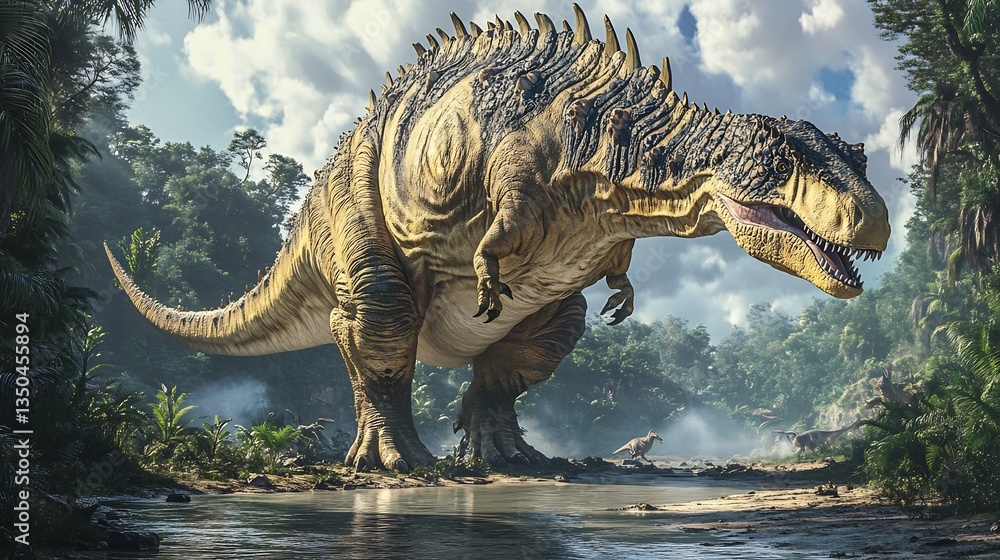 Fototapeta premium Massive Chasmosaurus standing near shallow river enormous frill decorated intricate patterns tranquil prehistoric landscape is alive with the calls of distant dinosaurs and the soft trickle of water