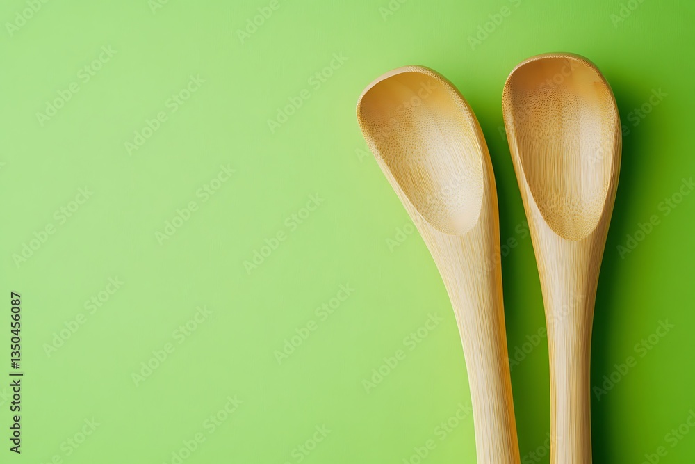 Elegant Bamboo Spoons on a Vibrant Green Background Elegant Bamboo Spoons on a Vibrant Green Background
