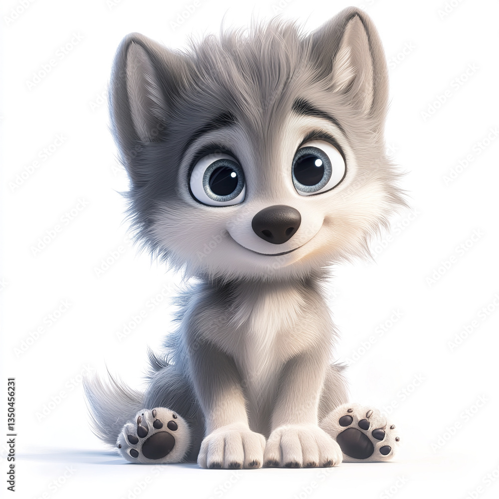 Obraz premium friendly cartoon wolf pup with fluffy gray fur and big eyes