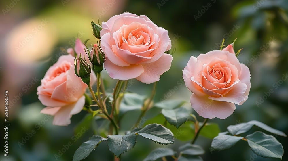 Beautiful peach roses with buds are growing in a garden Beautiful peach roses with buds are growing in a garden
