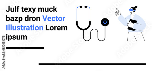 Stethoscope in center, professional gestures with clipboard, abstract text and geometric elements. Ideal for healthcare, professionalism, technology, education, innovation, branding simple landing