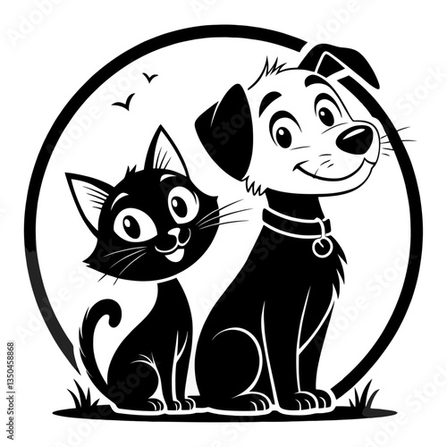 Friendly cartoon cat and dog silhouette in a circle.