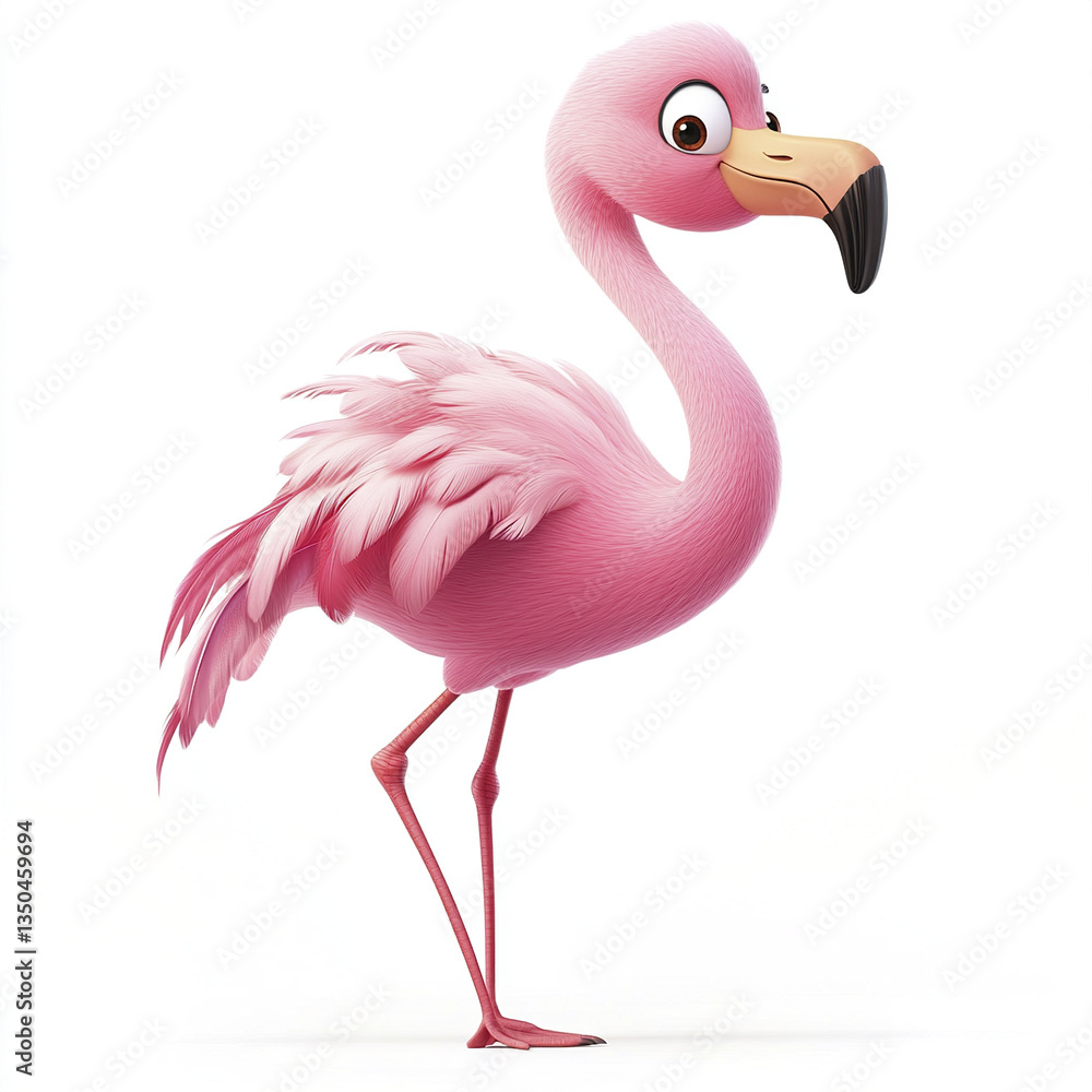 Fototapeta premium happy cartoon flamingo stands on one leg with soft pink hue