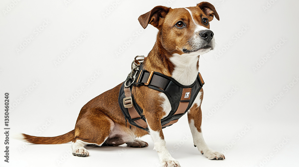 brown and white dog wearing harness sits attentively brown and white dog wearing harness sits attentively