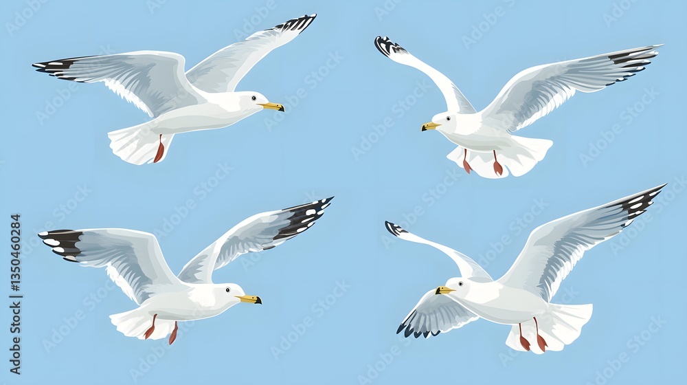 Obraz premium Professional Set of White Gull Cartoons Flying in Atlantic Sea Sky Scene