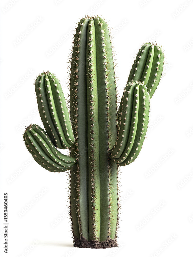 Tall green cactus with multiple arms isolated on white background