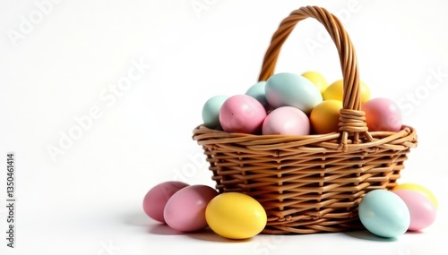 A wicker basket overflowing with vibrantly colored eggs, isolated on white , eggs, festival