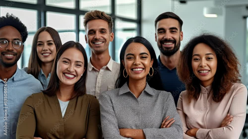 Diverse group picture of young freelancers men and women standing at their office looking at the camera
Diverse group picture of young freelancers men and women standing at their office looking at the camera