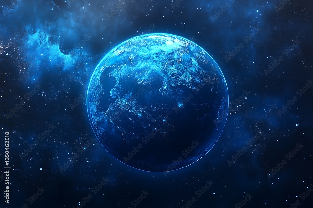 Obraz premium Stunning Blue Planet in a Deep Space Nebula A Celestial Vista of a Glowing Earthlike World