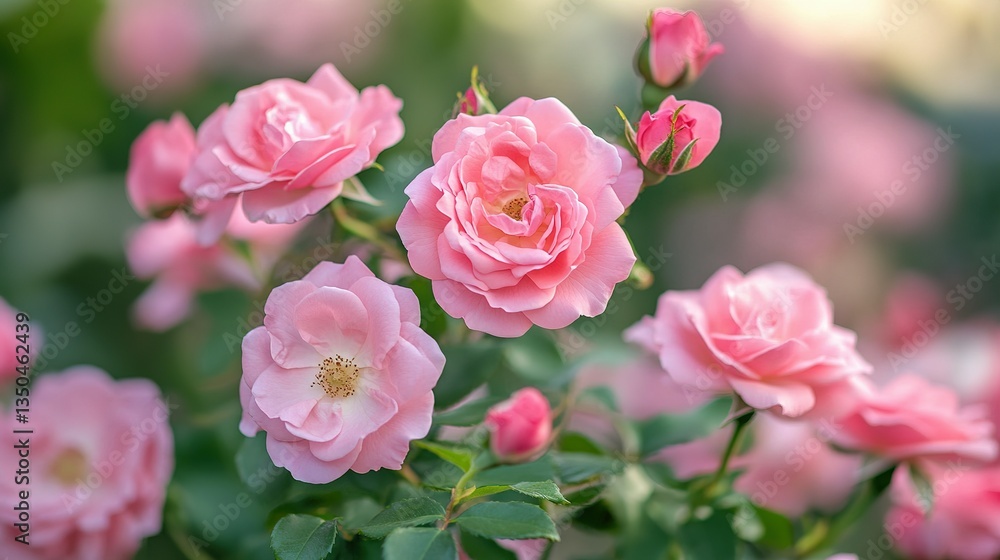 Beautiful cluster of blooming pink roses in garden setting Beautiful cluster of blooming pink roses in garden setting
