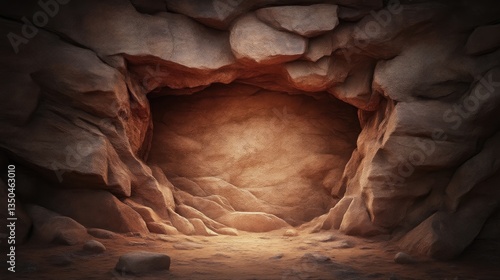 Fototapeta Naklejka Na Ścianę i Meble -  Cave entrance, rocky interior.  A dimly lit cave opening, with rough, textured rock walls.  The interior is a warm, sandy color, creating a sense of depth and mystery